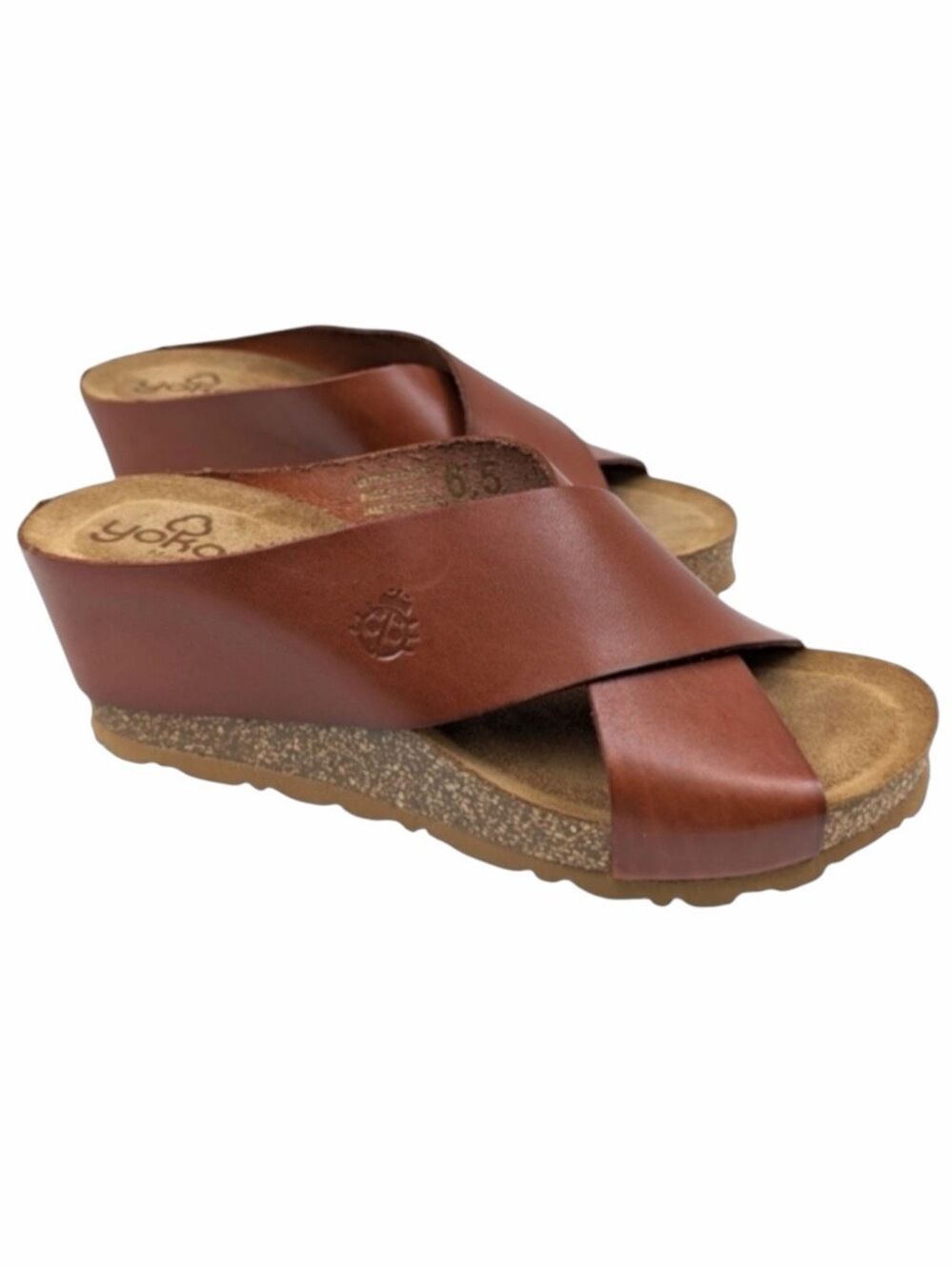 YOKONO Brown Leather Criss Cross Cork Wedge Slide Sandals Spain Women’s 9